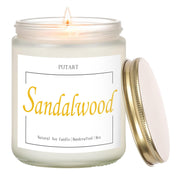 Putart sandalwood candle jar closeup; long-lasting aroma for a calm room.