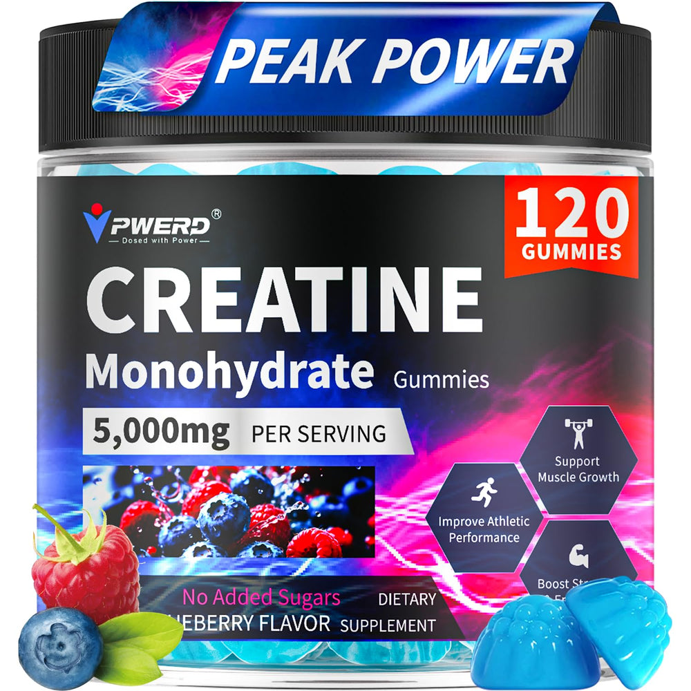 PWERD creatine monohydrate gummies bottle with blueberry flavor for gym-ready energy