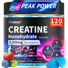 PWERD creatine monohydrate gummies bottle with blueberry flavor for gym-ready energy