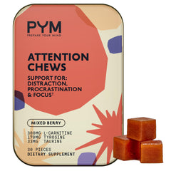 PYM Health Attention Chews bottle front view enhances calm focus for study sessions.