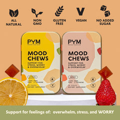 PYM Berry Mood Chews ingredients label shows gluten-free, non-GMO, and no sugar.