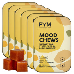 PYM Citrus Mood Chews bottle on shelf for natural mood support.