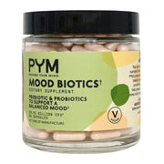 PYM Mood Biotics bottle close-up highlighting gut-brain support.