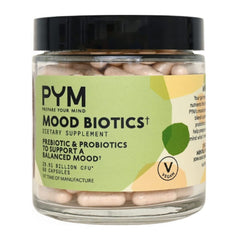 PYM Mood Biotics bottle close-up highlighting gut-brain support.