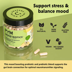 PYM Mood Biotics label detail showing vegan, non-GMO, gluten-free features.