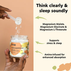 Pouring PYM Mood Magnesium Powder into a glass for a relaxing routine