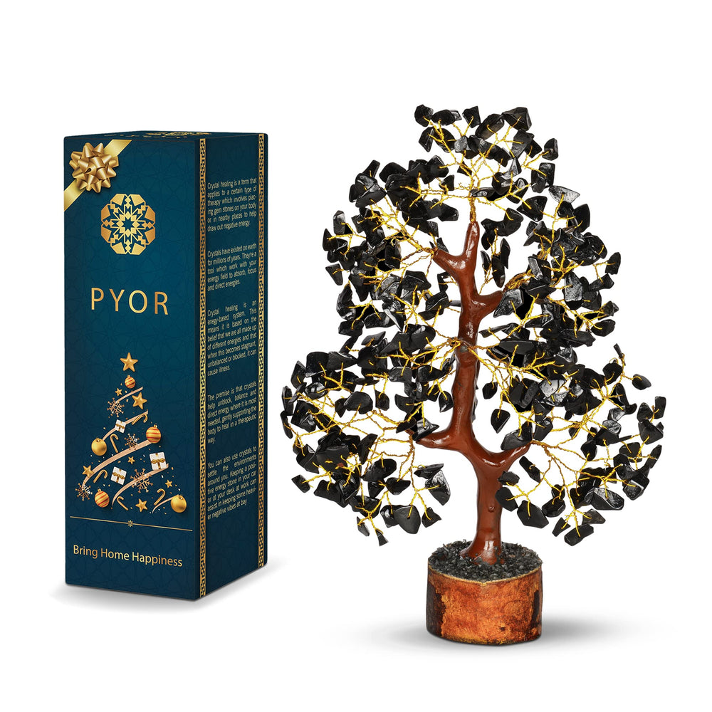 PYOR Black Tourmaline Crystal Tree on desk promotes focus and calm energy.
