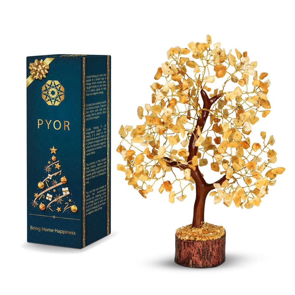 PYOR Yellow Aventurine Crystal Tree, front view, boosts positive energy and calm ambiance.