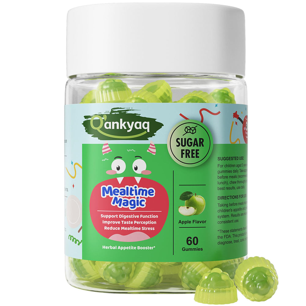 Q'ankyaq appetite booster gummies for kids on jar promoting mealtime ease