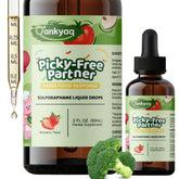 Q'ankyaq kids sulforaphane liquid bottle supports veggie intake with strawberry flavor.