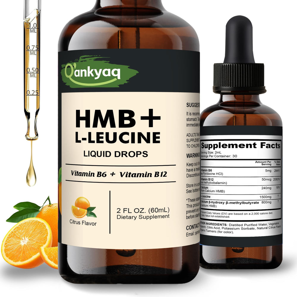 Q'ankyaq Leucine HMB liquid bottle ready for precise dosing and fast absorption.