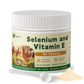 Qanoreth Selenium and Vitamin E powder bottle on feeding tray promoting immune balance.