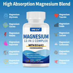 Qmiozzy Magnesium Complex ingredients panel, highlighting 12 magnesium forms for absorption.