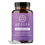 Qualia Magnesium+ bottle-front highlighting premium formula for daily relaxation