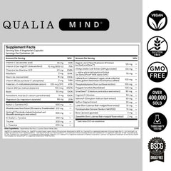 Qualia Mind bottle back view with ingredient highlights and vegan formula