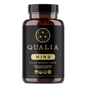 Qualia Mind bottle closeup highlighting focus-boosting blend