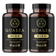 Qualia Mind bottle front view highlighting focus-boosting formula