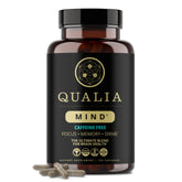 Qualia Mind Caffeine Free bottle closeup promotes focused productivity.