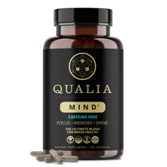 Qualia Mind Caffeine Free bottle closeup promotes focused productivity.