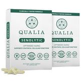 Qualia Senolytic bottle front showing packaging for aging support