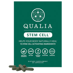 Qualia Stem Cell: botella en primer plano para uso diario y bienestar.