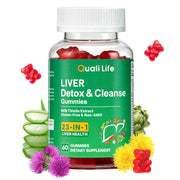 QualiLife Liver Detox Gummies bottle front with vibrant mixed fruit flavor for daily use.