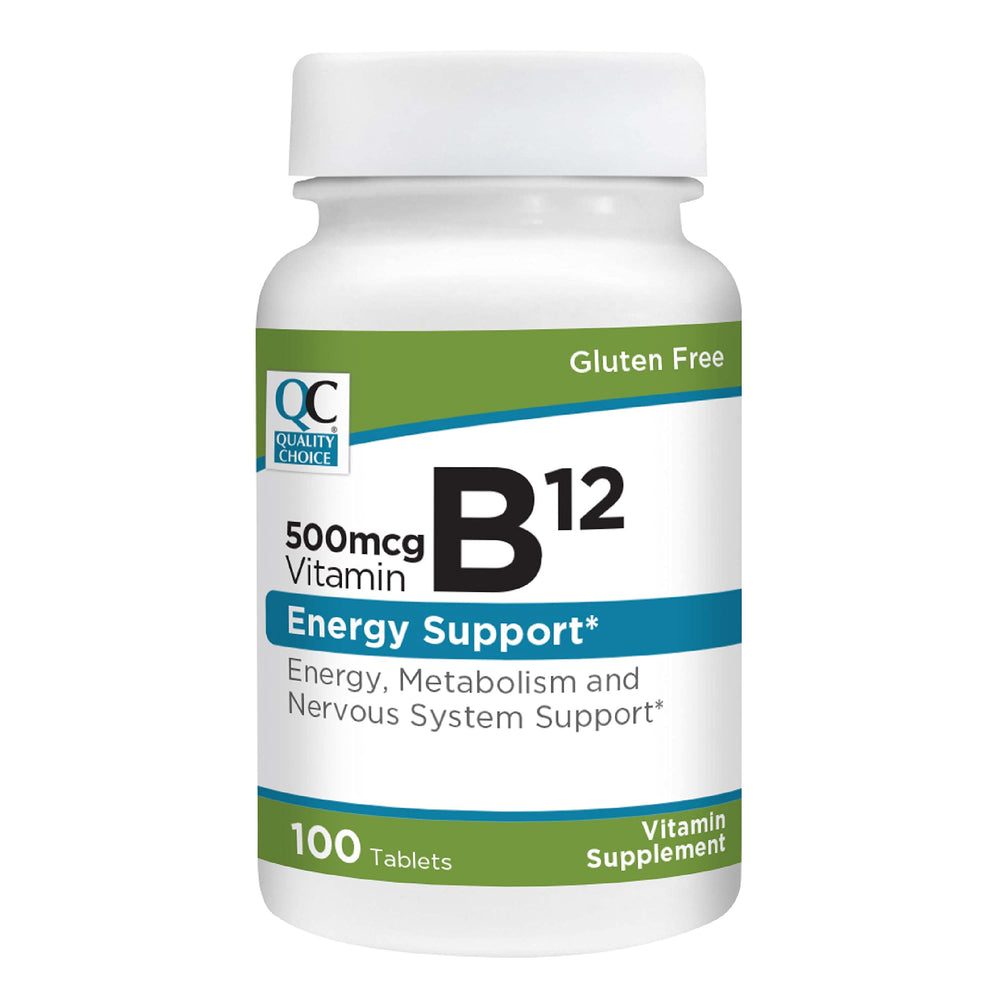 Quality Choice Vitamin B12 500 mcg tablets bottle shows dosage and label for energy support