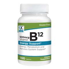 Quality Choice Vitamin B12 500 mcg tablets bottle shows dosage and label for energy support