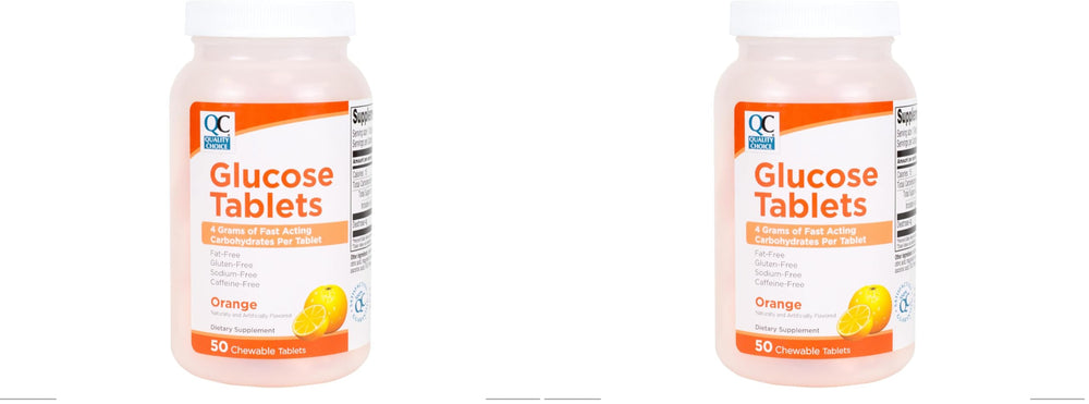 Quality Choice orange glucose tablets bottle for on-the-go, fast-acting support.