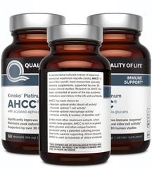 Quality of Life AHCC Kinoko Platinum label view, notable production standards.