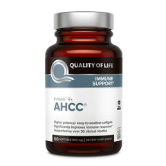 Quality of Life AHCC Rx bottle showing premium immune support in softgels