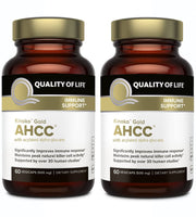 Quality of Life Kinoko Gold AHCC bottle front with immune-support capsules.
