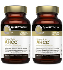 Quality of Life Kinoko Gold AHCC bottle front with immune-support capsules.