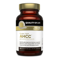 Quality of Life Kinoko Gold AHCC supplement bottle for immune support.