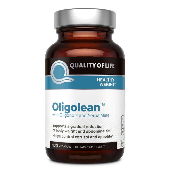 Quality of Life Oligolean bottle close-up showing capsules for daily metabolism support.