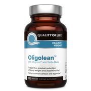 Quality of Life Oligolean bottle close-up showing capsules for daily metabolism support.