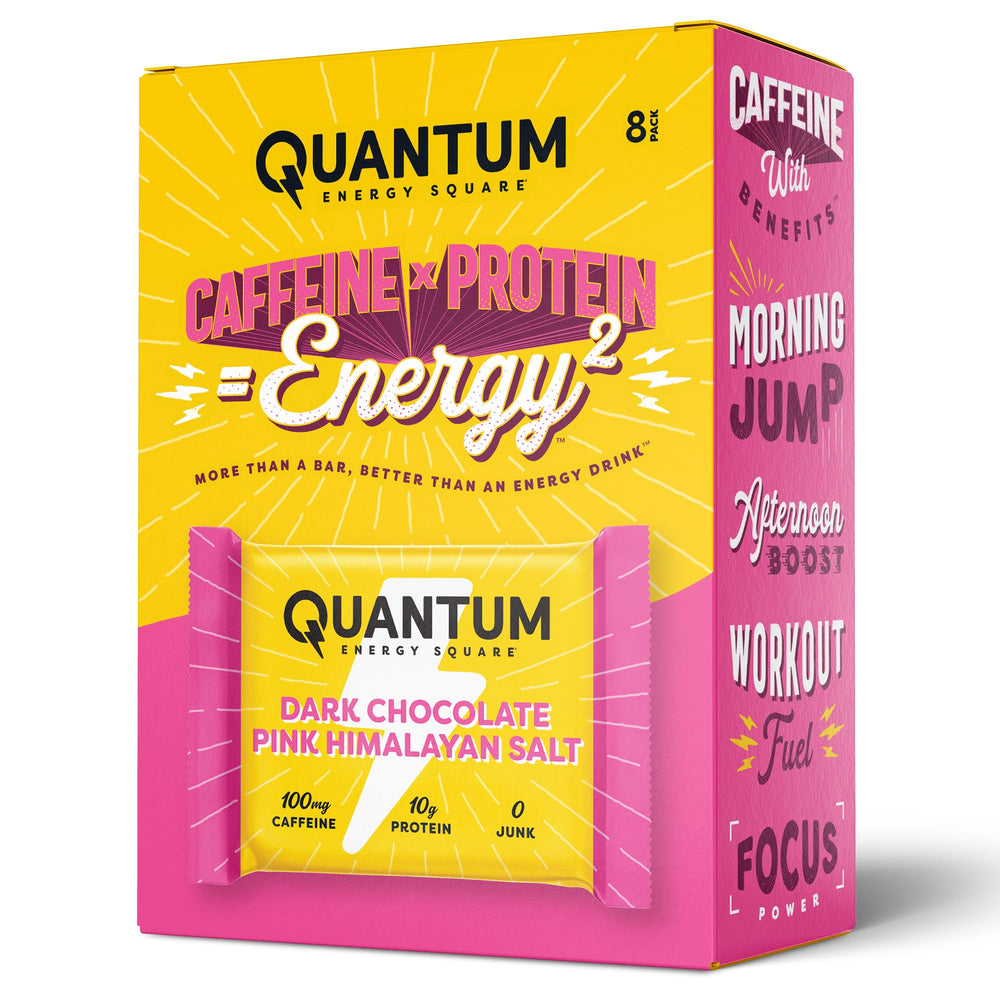 Quantum Energy Squares packaging featuring dark chocolate and pink Himalayan salt for on-the-go snacking.