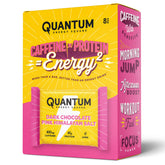 Quantum Energy Squares packaging featuring dark chocolate and pink Himalayan salt for on-the-go snacking.