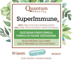 Quantum Health Super Immune+ bottle label highlights vegetarian capsules for allergen-conscious living