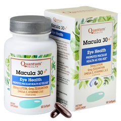 Quantum Macula 30+ bottle front shows eye health support for aging vision.