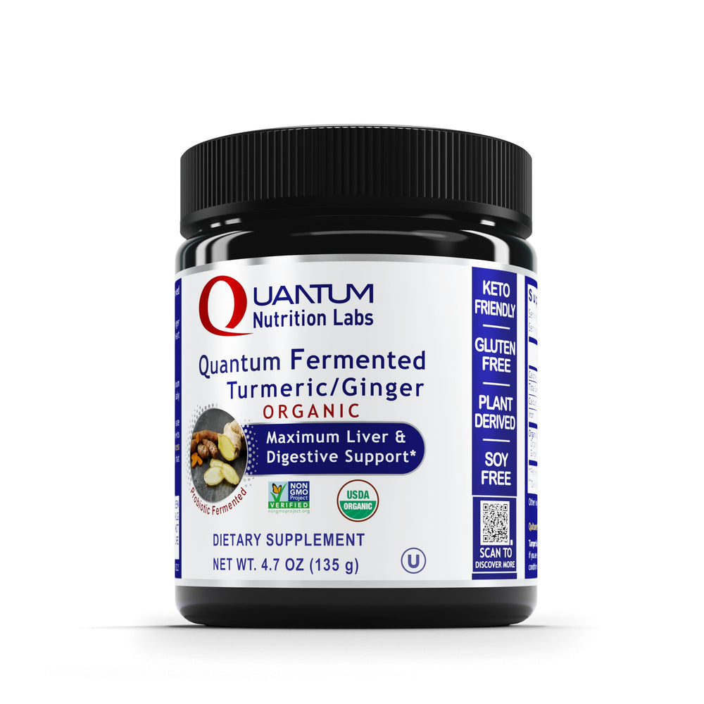 Quantum Nutrition's Quantum Fermented Turmeric Ginger bottle front showing convenient daily use