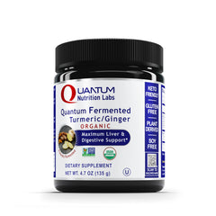 Quantum Nutrition's Quantum Fermented Turmeric Ginger bottle front showing convenient daily use