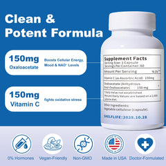 QUBIT Oxaloacetate label front highlighting vegan capsule details.