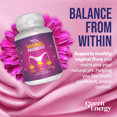 Queen Energy ingredient panel highlights probiotic strains and prebiotics for gut balance.