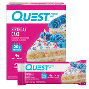 Quest Birthday Cake Bar packaging showing four individually wrapped bars for on-the-go fuel.