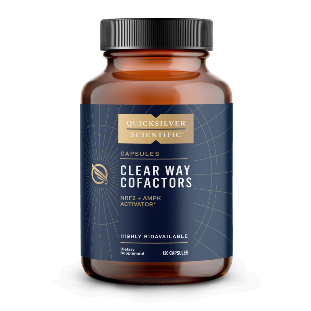 Quicksilver Scientific Clear Way Cofactors bottle with detox capsules for gut support