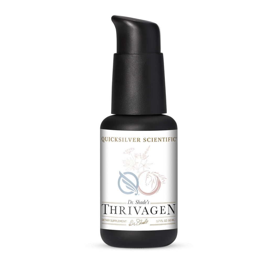 Quicksilver Scientific Thrivagen bottle pour illustrating convenient daily use for hormonal balance support.