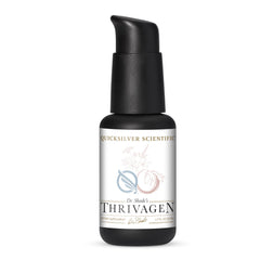 Quicksilver Scientific Thrivagen bottle pour illustrating convenient daily use for hormonal balance support.