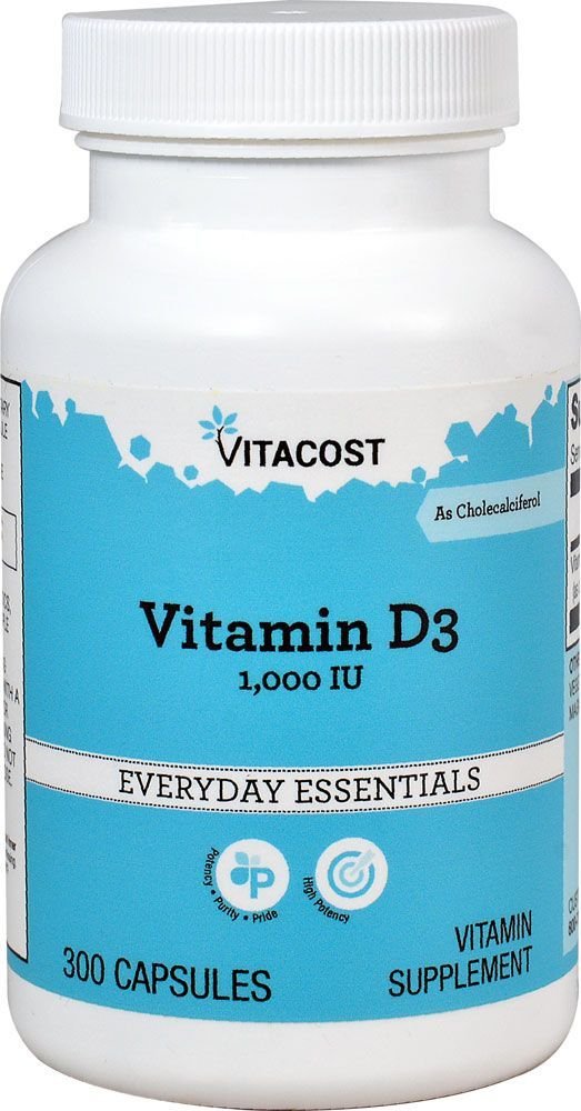 Quilom Vitacost Vitamin D3 bottle with capsules supports bone and immune health