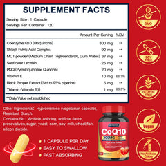 Quinovit CoQ10 300mg capsules closeup showing capsule texture and potency.